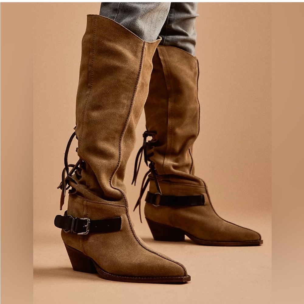Free People Back-Lace Sway Low Slouchy Suede Boots - Military Taupe Suede NWOB